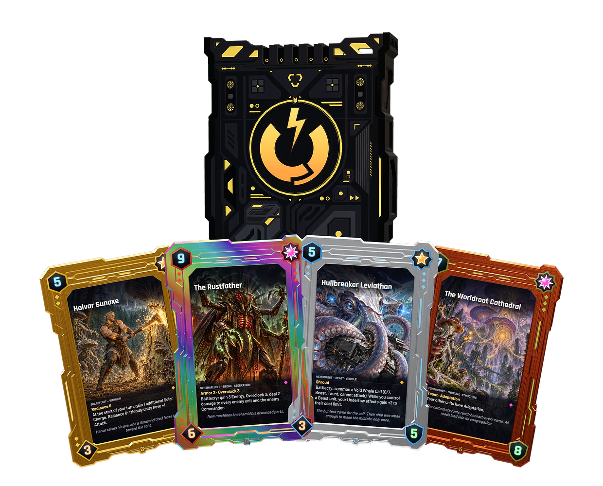 A Solari card pack with four collectible cards fanned in front of it: Halvar Sunaxe in Gold, The Rustfather in Holographic, Hullbreaker Leviathan in Silver and The Worldroot Cathedral in Copper